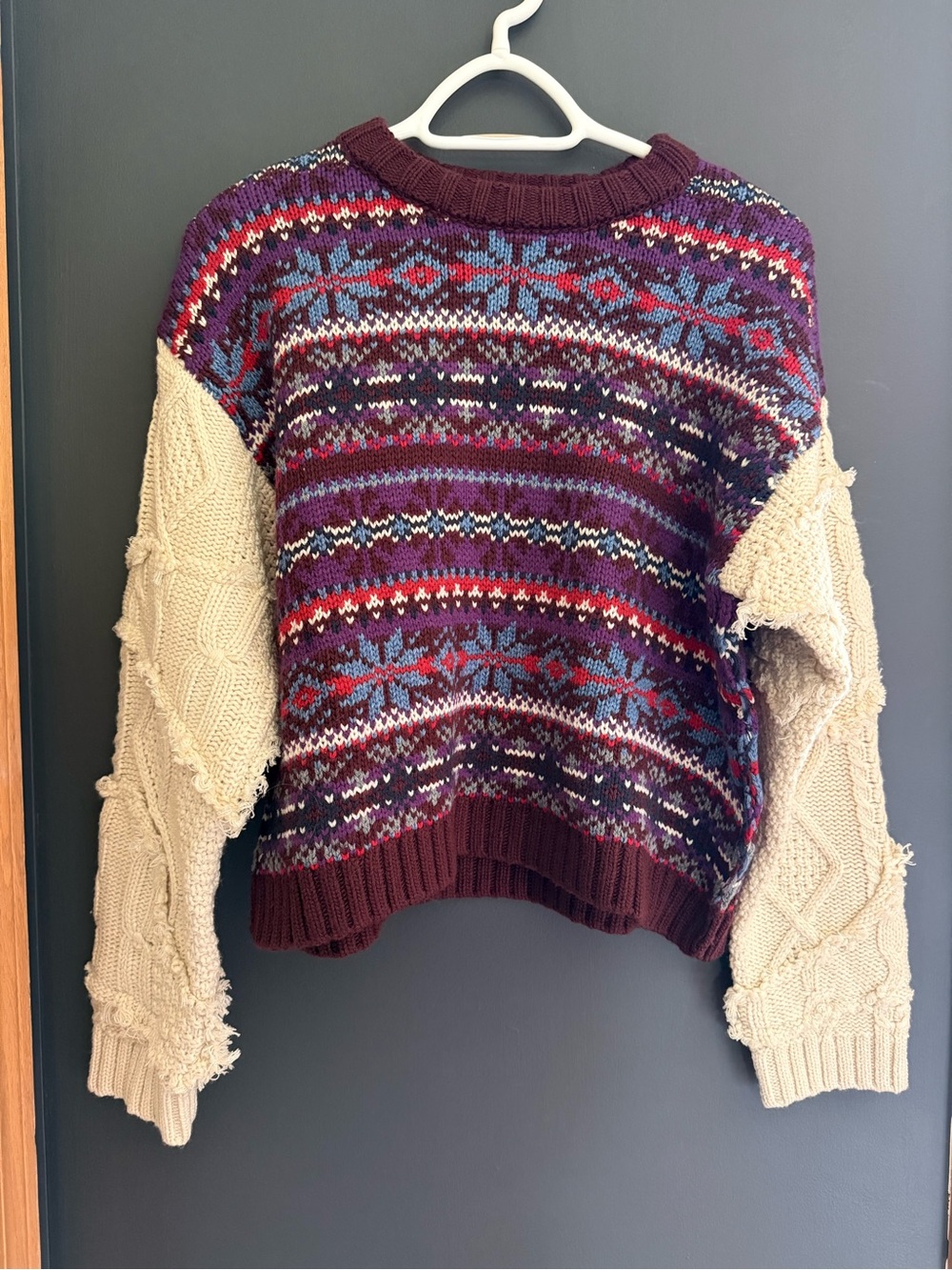 NWOT // Zara Multicolor Fair Isle Crewneck Sweater with Cream Cable Sleeves